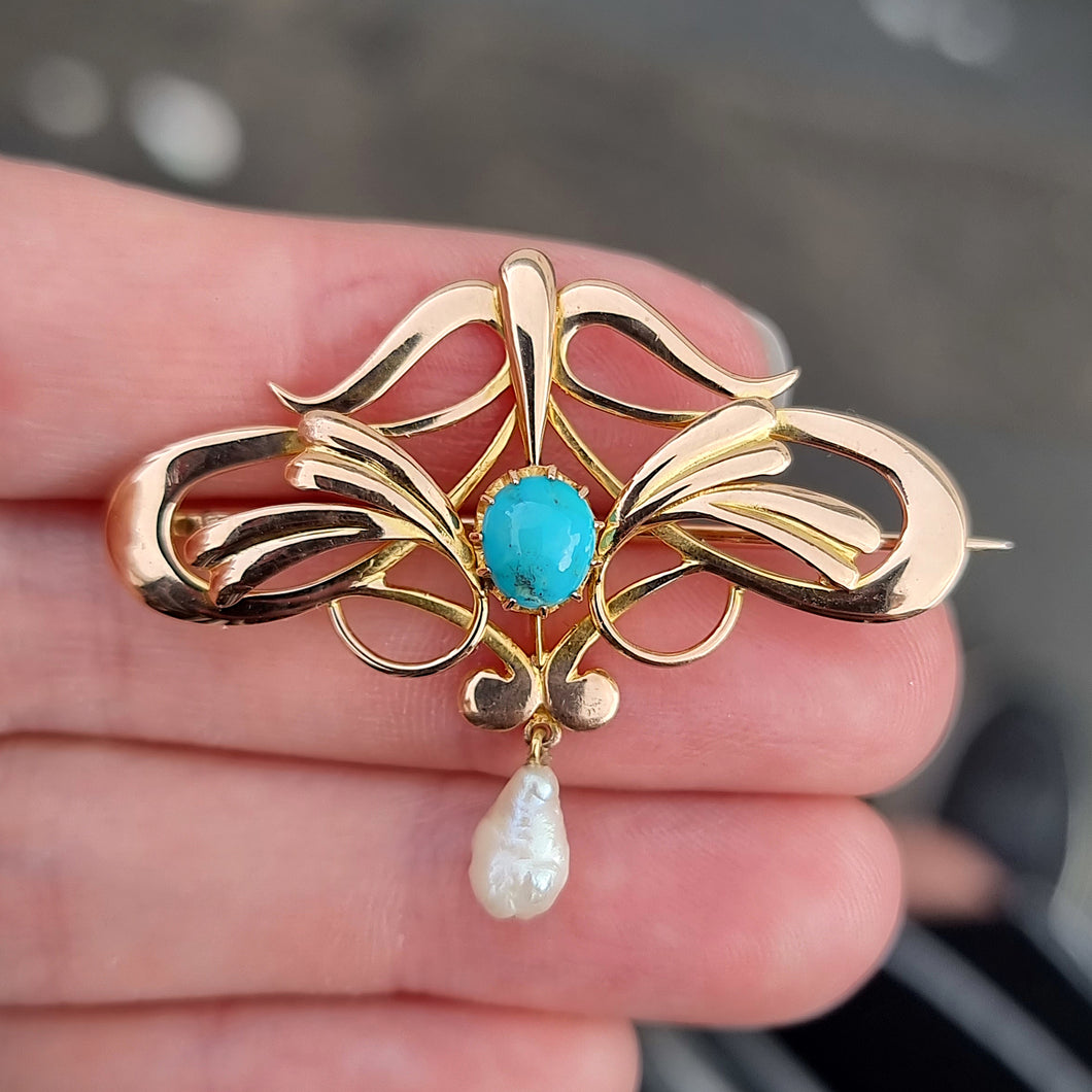 Art Nouveau 15ct Gold Turquoise & Pearl Brooch in hand