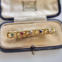 Load image into Gallery viewer, Antique 15ct Gold Multi-Gem Knot Bar Brooch in box
