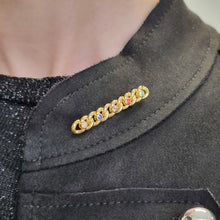 Load image into Gallery viewer, Antique 15ct Gold Multi-Gem Knot Bar Brooch modelled on jacket
