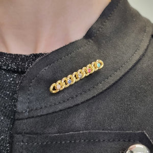 Antique 15ct Gold Multi-Gem Knot Bar Brooch modelled on jacket