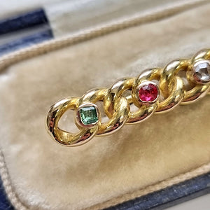 Antique 15ct Gold Multi-Gem Knot Bar Brooch close-up emerald, ruby