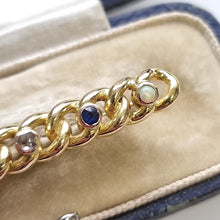 Load image into Gallery viewer, Antique 15ct Gold Multi-Gem Knot Bar Brooch close-up sapphire, opal
