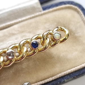 Antique 15ct Gold Multi-Gem Knot Bar Brooch close-up sapphire, opal