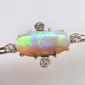 Antique 18ct Gold Opal & Diamond Bar Brooch close-up