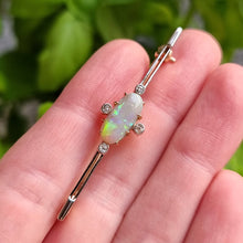 Load image into Gallery viewer, Antique 18ct Gold Opal &amp; Diamond Bar Brooch in hand
