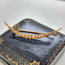 Load image into Gallery viewer, Antique 15ct Gold Sapphire and Pearl Crescent &amp; Star Brooch on box
