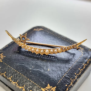 Antique 15ct Gold Sapphire and Pearl Crescent & Star Brooch on box