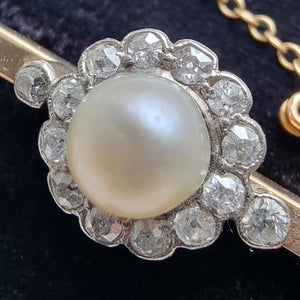 Edwardian 9ct Gold Pearl & Diamond Bar Brooch close-up