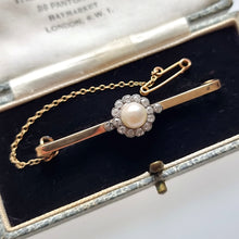 Load image into Gallery viewer, Edwardian 9ct Gold Pearl &amp; Diamond Bar Brooch in box

