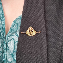 Load image into Gallery viewer, Vintage 15ct Gold Naval Sweetheart Bar Brooch modelled on jacket
