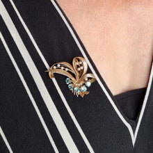 Load image into Gallery viewer, Vintage 9ct Gold Blue Zircon &amp; Pearl Bouquet Brooch modelled
