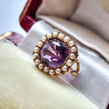 Load image into Gallery viewer, Miniature Victorian 15ct Gold Amethyst &amp; Seed Pearl Brooch in box
