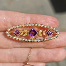 Load image into Gallery viewer, Antique 15ct Gold Amethyst &amp; Pearl Bar Brooch
