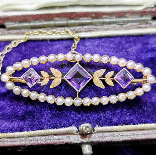 Antique 15ct Gold Amethyst & Pearl Bar Brooch