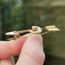 Load image into Gallery viewer, Antique 15ct Gold Crescent &amp; Arrow Bar Brooch
