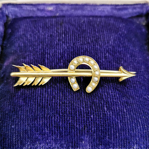 Antique 15ct Gold Pearl Arrow & Horseshoe Brooch