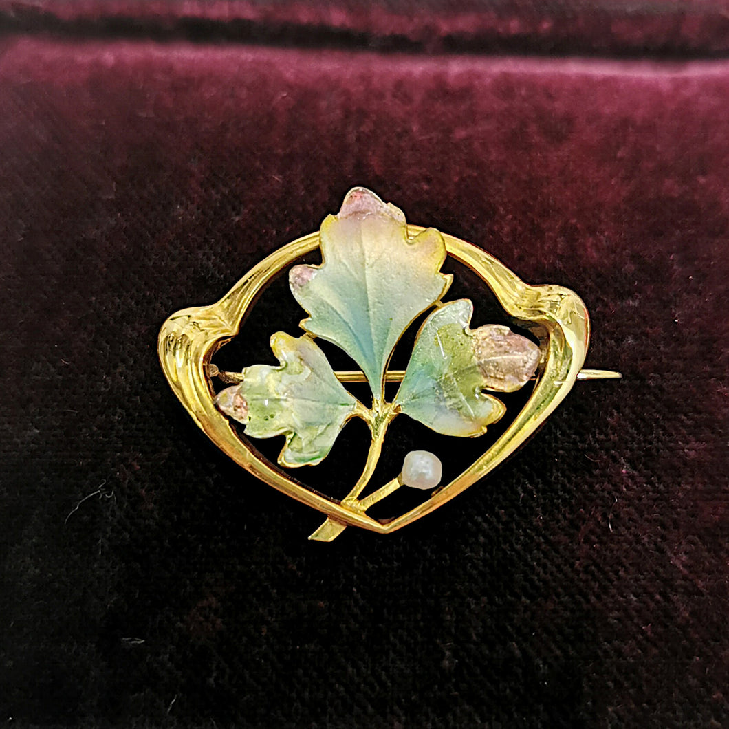 Art Nouveau 9ct Gold Enamel & Pearl Leaf Brooch