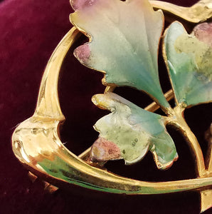 Art Nouveau 9ct Gold Enamel & Pearl Leaf Brooch