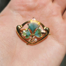 Load image into Gallery viewer, Art Nouveau 9ct Gold Enamel &amp; Pearl Leaf Brooch
