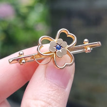 Load image into Gallery viewer, Antique 9ct Gold Shamrock Sapphire Bar Brooch
