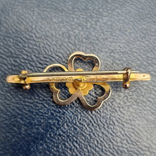 Load image into Gallery viewer, Antique 9ct Gold Shamrock Sapphire Bar Brooch
