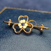Load image into Gallery viewer, Antique 9ct Gold Shamrock Sapphire Bar Brooch
