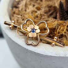 Load image into Gallery viewer, Antique 9ct Gold Shamrock Sapphire Bar Brooch
