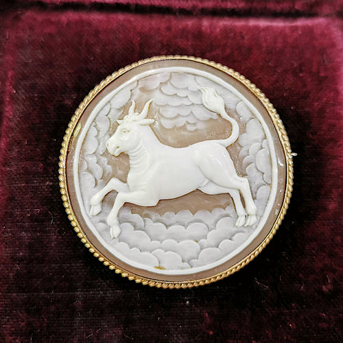 Vintage 9ct Gold Taurus Bull Cameo Brooch