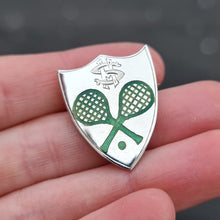 Load image into Gallery viewer, Vintage Sterling Silver Tennis Shield Brooch in hand
