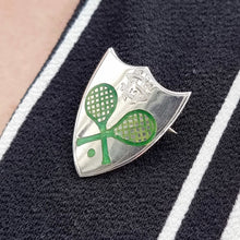Load image into Gallery viewer, Vintage Sterling Silver Tennis Shield Brooch modelled
