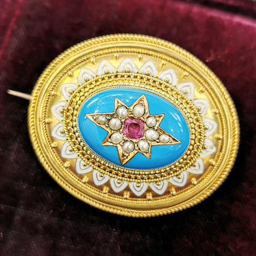 Victorian 15ct Gold Ruby, Pearl & Enamel Locket Brooch