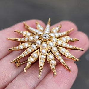 Victorian 15ct Gold Pearl & Diamond Pendant/Brooch in hand