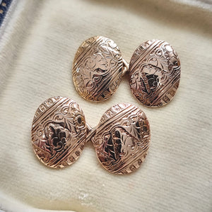 Art Deco 15ct Gold Engraved Oval Cufflinks in box