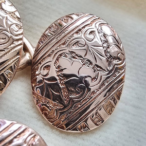 Art Deco 15ct Gold Engraved Oval Cufflinks close-up