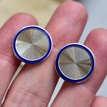 Load image into Gallery viewer, Vintage 9ct Gold Blue Enamel Cufflinks in hand
