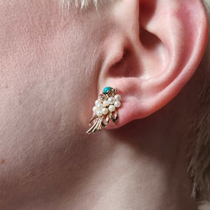  Antique 9ct Gold Turquoise & Pearl Floral Stud Earrings modelled