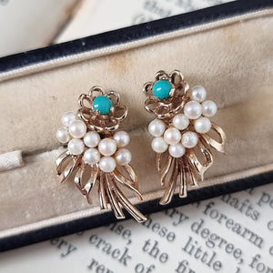  Antique 9ct Gold Turquoise & Pearl Floral Stud Earrings in box