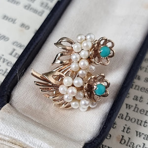  Antique 9ct Gold Turquoise & Pearl Floral Stud Earrings in box