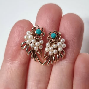  Antique 9ct Gold Turquoise & Pearl Floral Stud Earrings in hand