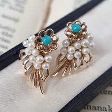 Load image into Gallery viewer, Antique 9ct Gold Turquoise &amp; Pearl Floral Stud Earrings in box
