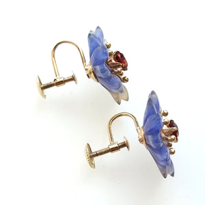 Vintage 9ct Gold Chalcedony Flower & Garnet Earrings