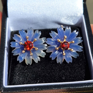 Vintage 9ct Gold Chalcedony Flower & Garnet Earrings in box