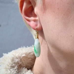Vintage 18ct Gold Jade Drop Earrings modelled