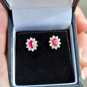 18ct Gold Ruby & Diamond Oval Cluster Stud Earrings, 0.60ct in box