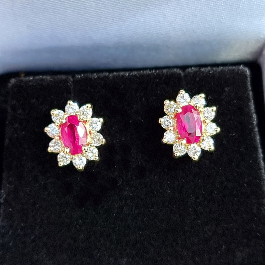 18ct Gold Ruby & Diamond Oval Cluster Stud Earrings, 0.60ct