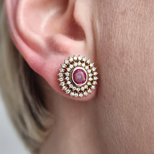 18ct Gold Ruby and Diamond Cluster Stud Earrings modelled