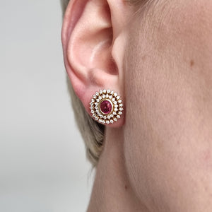 18ct Gold Ruby and Diamond Cluster Stud Earrings modelled