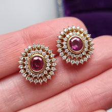 Load image into Gallery viewer, 18ct Gold Ruby and Diamond Cluster Stud Earrings in hand
