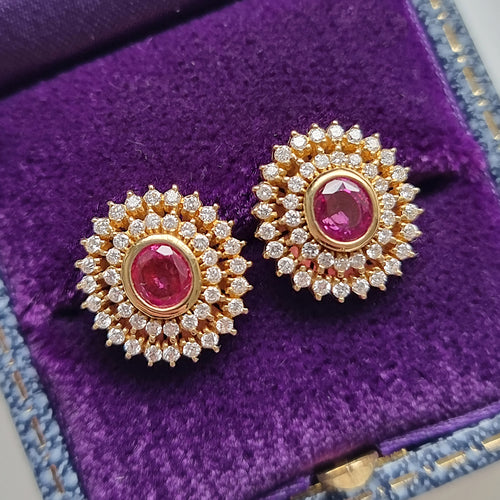 18ct Gold Ruby and Diamond Cluster Stud Earrings in box