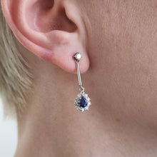 Load image into Gallery viewer, Vintage 18ct White Gold Sapphire &amp; Diamond Drop Earrings modelled
